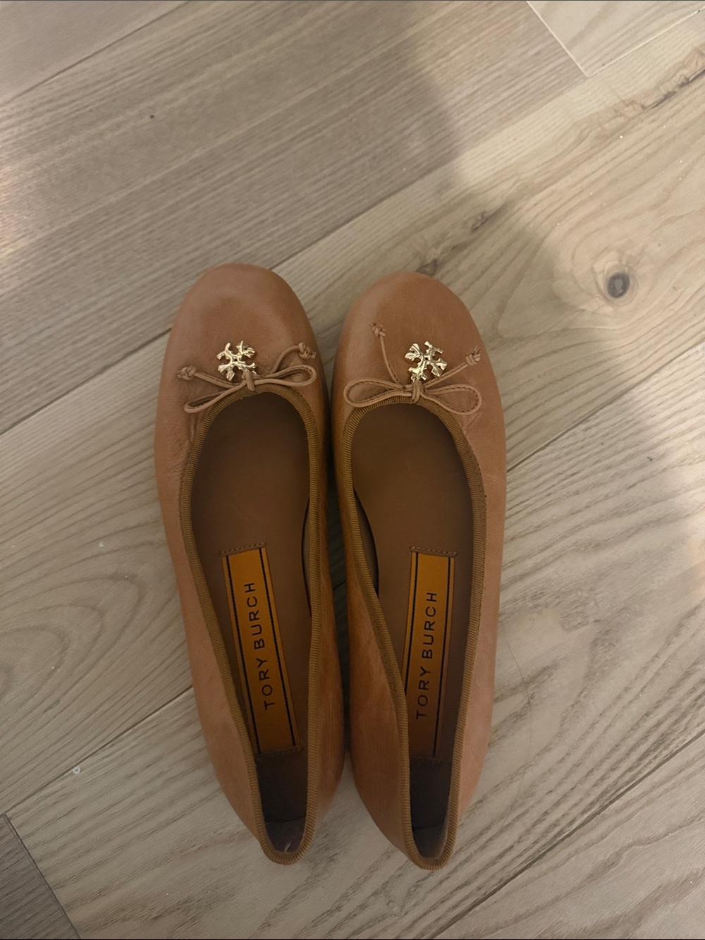 Tory Burch Cognac Leather Logo Bow Ballet Flats